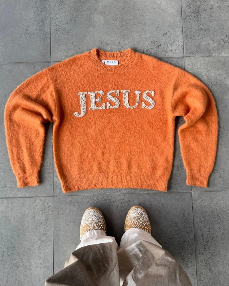 2025 American High Street Couple sweater men and women winter loose letter crewneck knitwear street trend retro pullover 250929