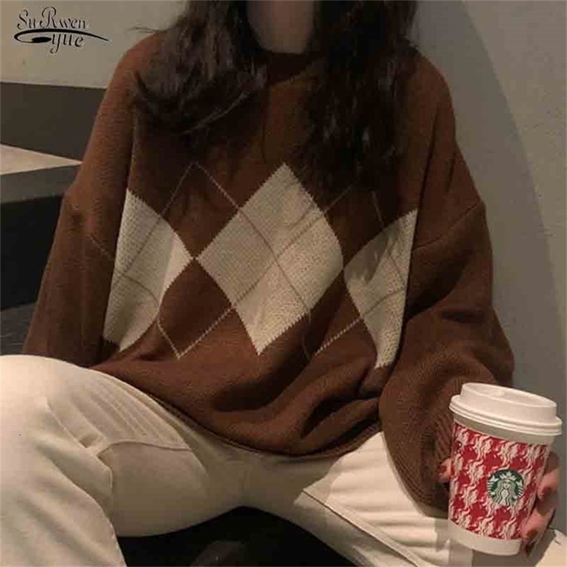 Women Knit Sweater Fashion Oversized Pullovers Ladies Winter Loose Sweater Korean College Style Women Jumper Plaid Sweater 16691 211123wtt