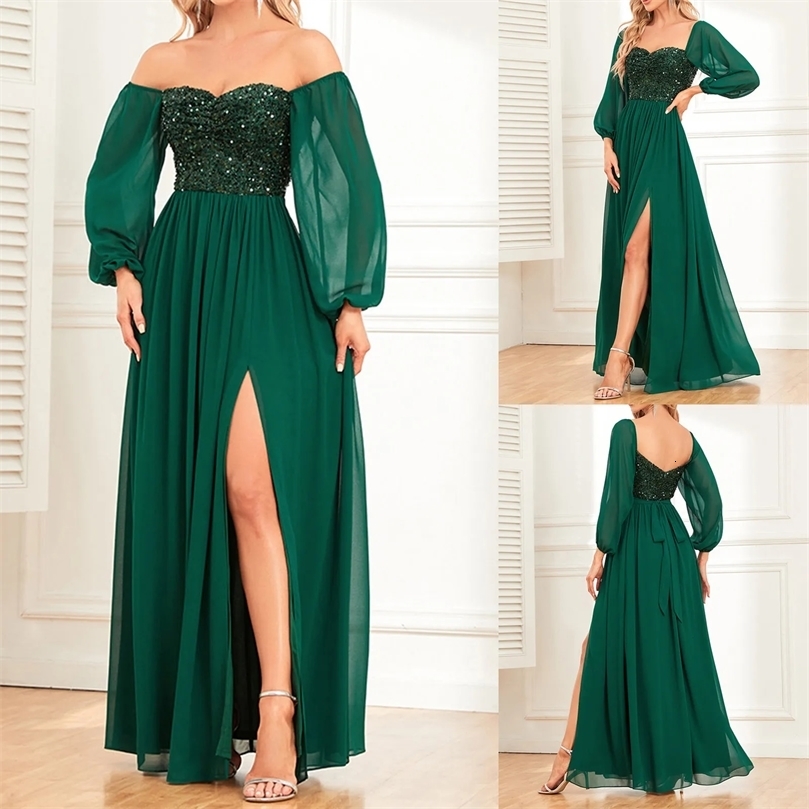 Women Sexy Slit Sequin Dress Spring Summer V Neck Off Shoulder Solid Banquet Elegant Gown Evening Party Dresses 250208wtt
