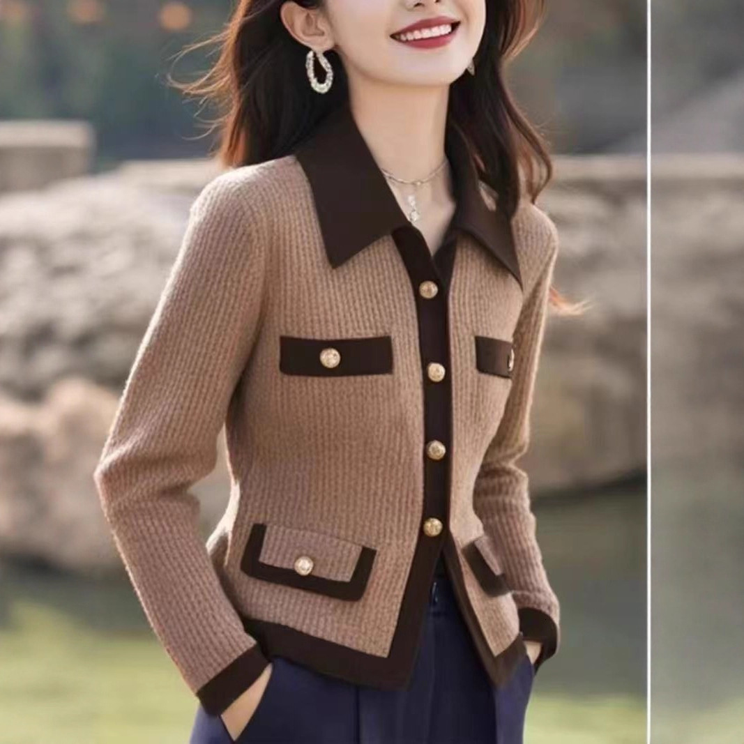 2025 autumn and fashion winter new French chic small designer jacket women's sweater cardigan wool unique design color block coarse short coat kn