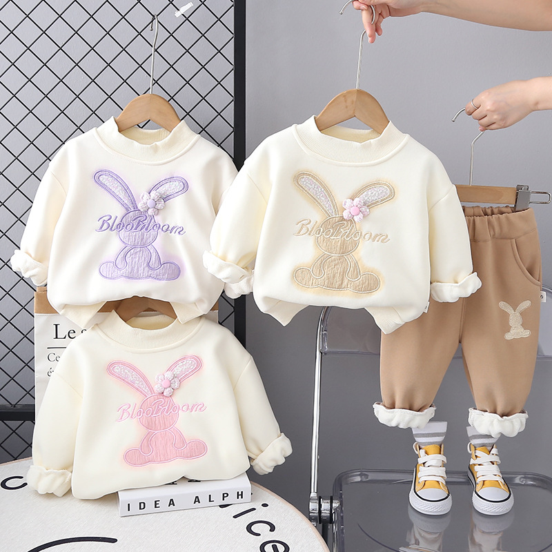 Toddler Girls' Winter Fleece-Lined Hoodie Set 2025 Korean-Style Fashion Thickened 2 Piece Outfit for Babies Pink Purple Khaki