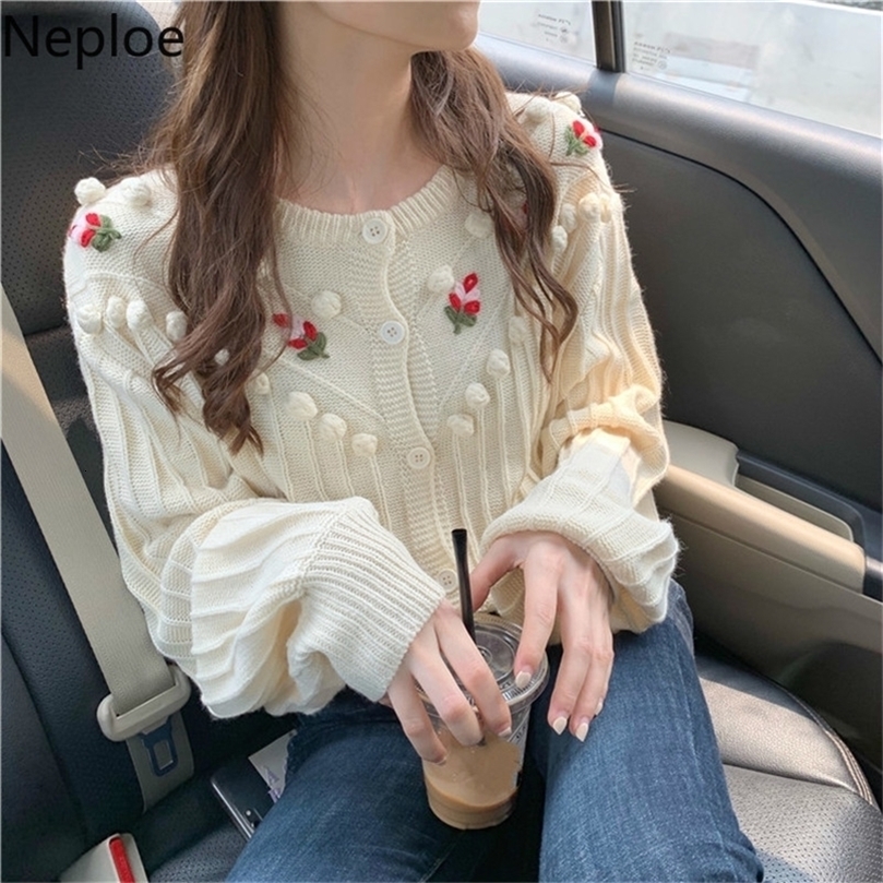 neploe elegant flower knitted cardigans women preepy style sweet chi short student pull femme o neck patch autumn sweater 46630 201111wtt