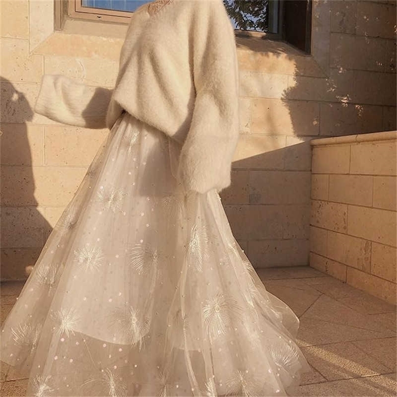 Elegant Embroidered Mesh Pearl Skirt Layers Tiered Tulle Women High Waist Long Maxi Pink White School Sun Lady 210619wtt