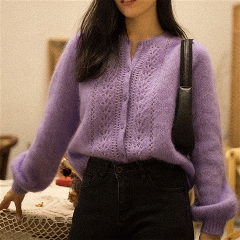 Early spring Women Knitted Sweater Mohair hollow out single-breasted cardigan outwear top Female knitwear 201111wtt