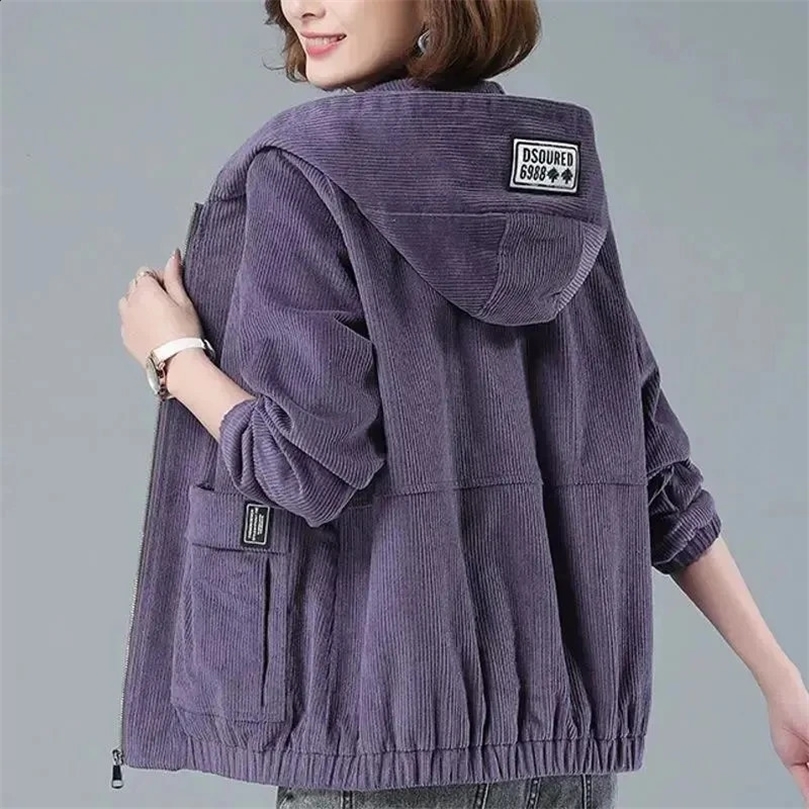 Corduroy Short Coat Womens Spring Autumn Korean Loose Solid Hooded Jacket Fashion Casual Female Zipper Tops 250120wtt
