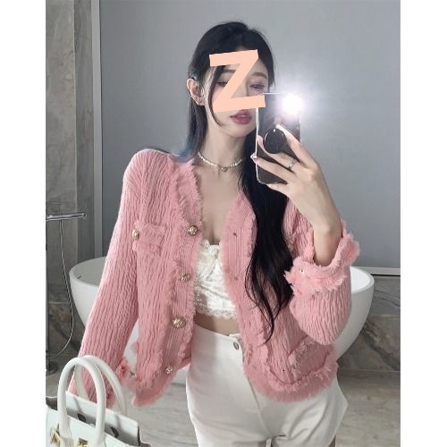 2025 unique and beautiful plaid sweater designer women's autumn and winter atmosphere lazy V-neck knitted cardigan top autumn coarse wool fashion