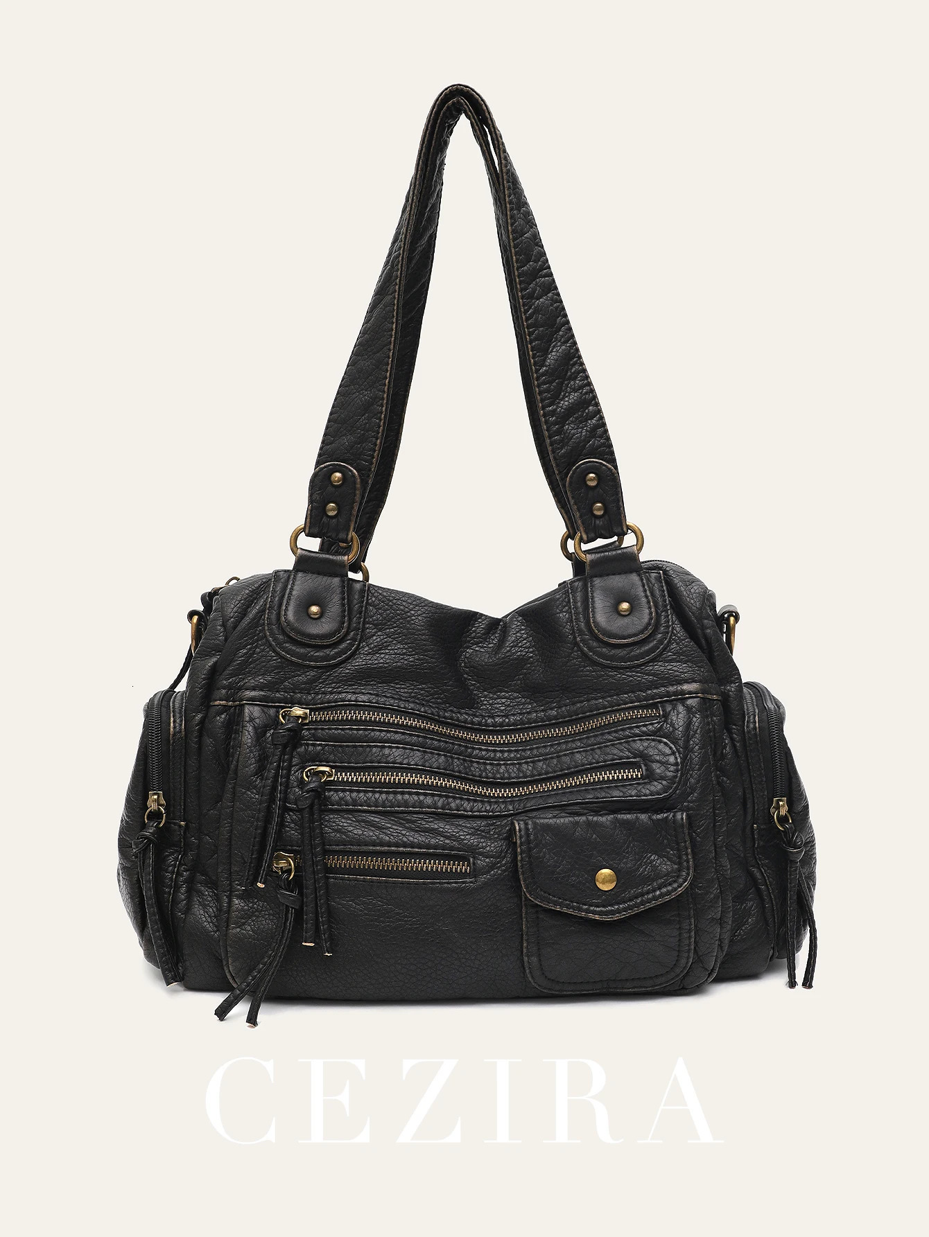 Vintage Women Unisex Brushoff Color Washed PU Vegan Leather Zip Pockets Shoulder Cross body Bag Large Retro Casual Daily Travel 250930