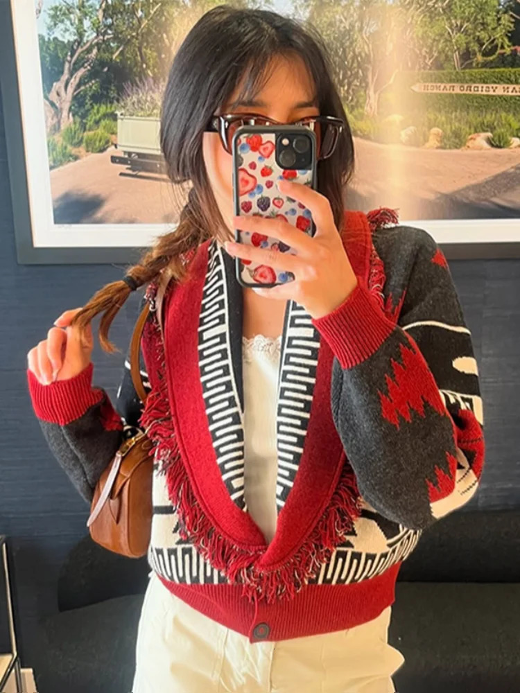 Tassel Patchwork Printed Cardigan Women Turndown Collar Long Sleeve Knitted Fashion Lady Sweater Vintage Autumn Cardigans 250929