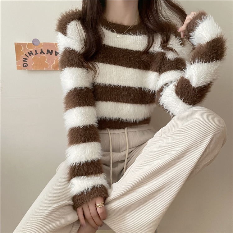 2025 Autumn and winter fashion new imitation mink fur short coat fur coat slim fit striped knitted designer women's short fashion cardigan wool s