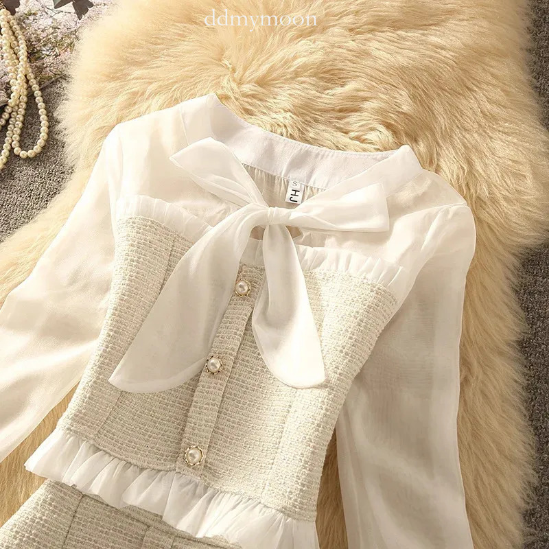 Flash Sale Outfits and Elegant Tweed ddmymoon Skirt Set: Women's Two Dresses with Shirt Top, Korean Style Formal 2 Piece Dress Sets for Autumn Fa