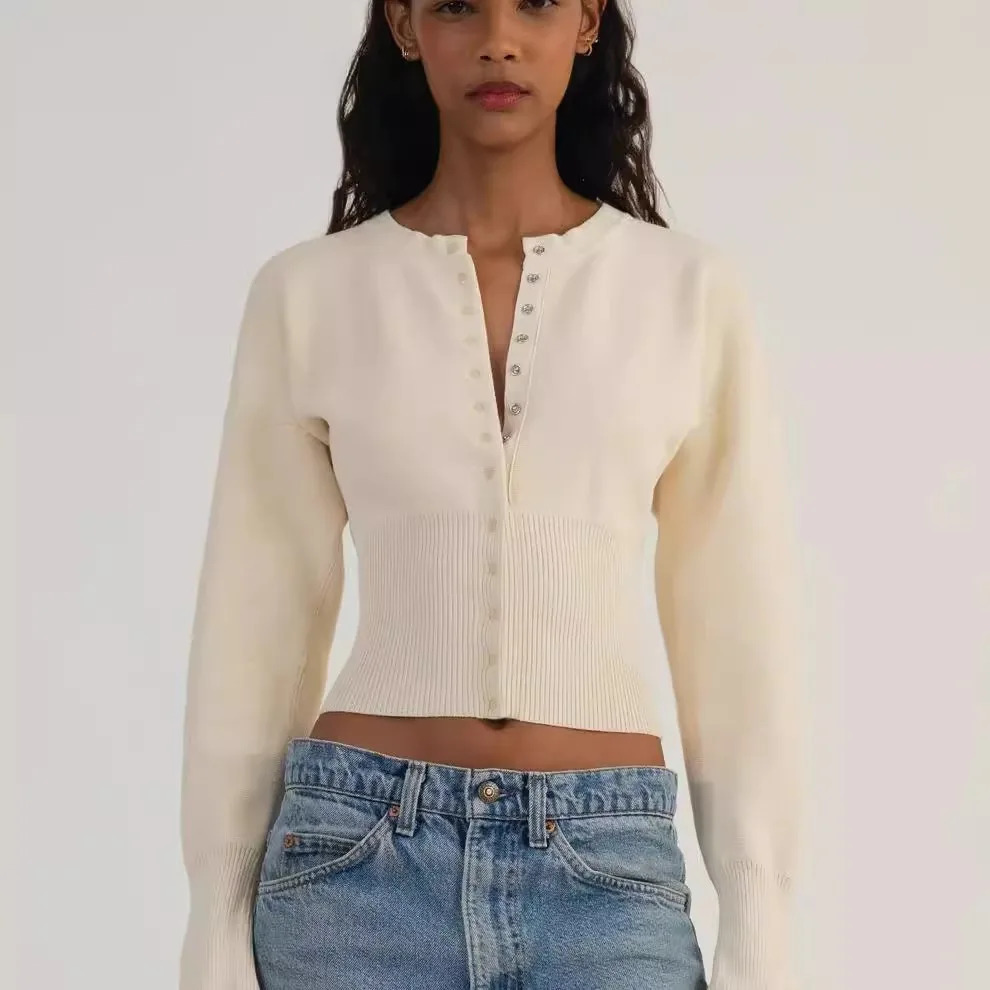 OREUND IRIs round neck single breasted knitted sweater short top with thin underneath 250930