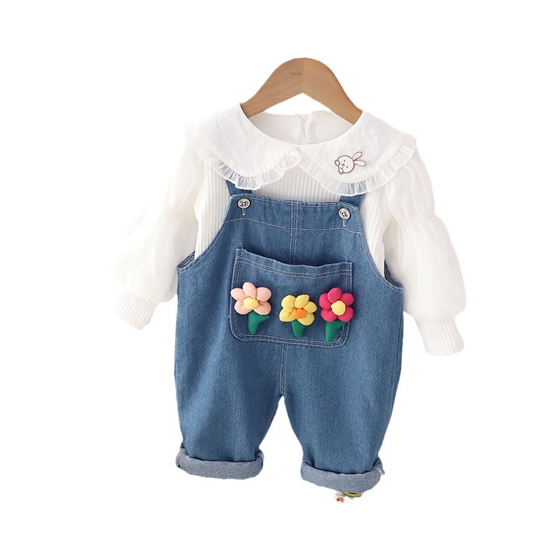 2025s New Spring & Autumn Toddler Girls' Denim Suspender Pants Set Stylish Trendy Long-Sleeve 2 Piece Outfit
