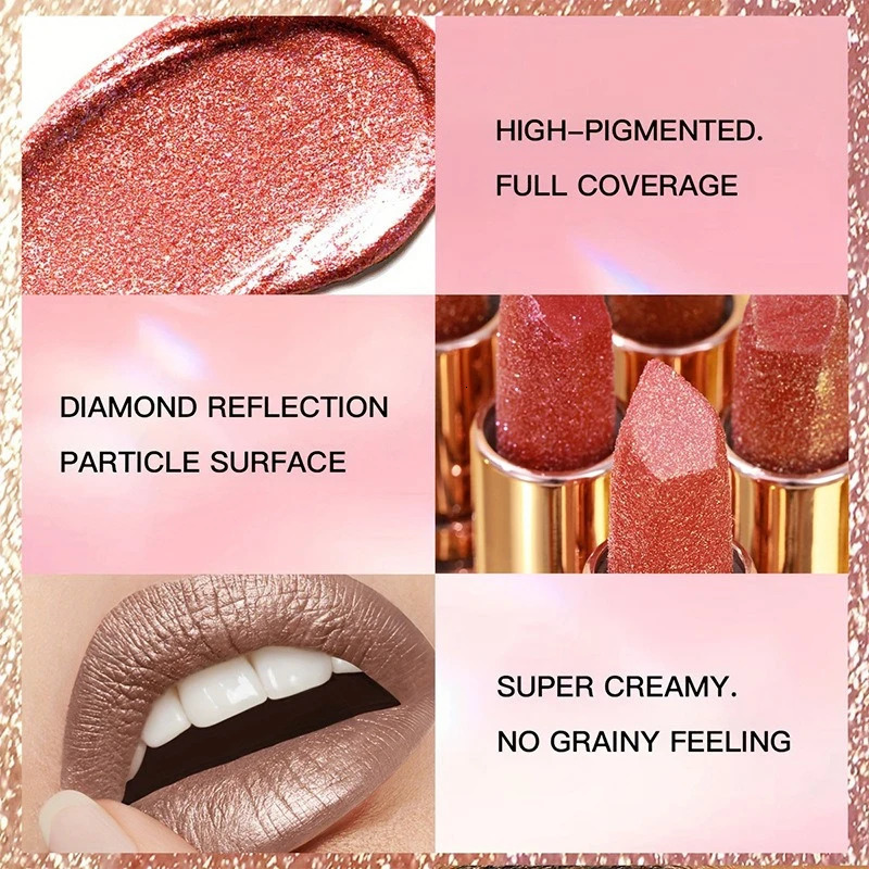 12 Colors Diamond Pearlescent Lipstick Glitter Shiny Metallic Lipstick Long Lasting Lip Tint Nonstick Cup Red Sexy Lips Makeup 250930