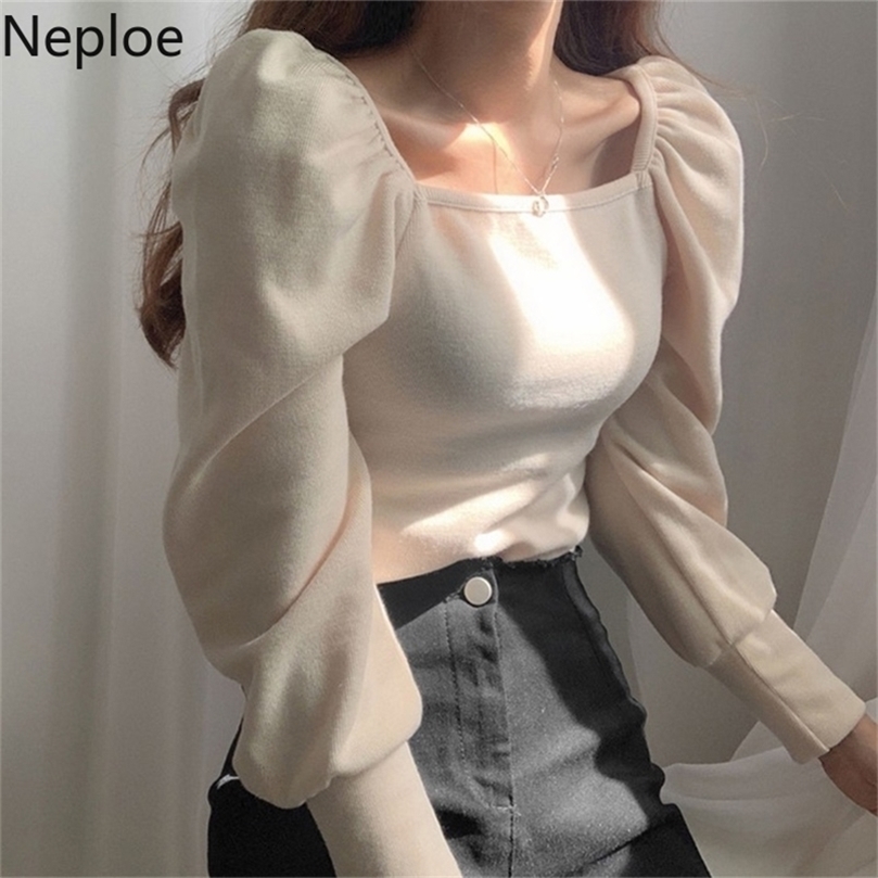 Neploe Autumn Korean Tops Puff Sleeve Sweater Pull Femme Vintage Square Collar Pullover Knitwear Women Slim Thin Sweaters Jumper 201111wtt