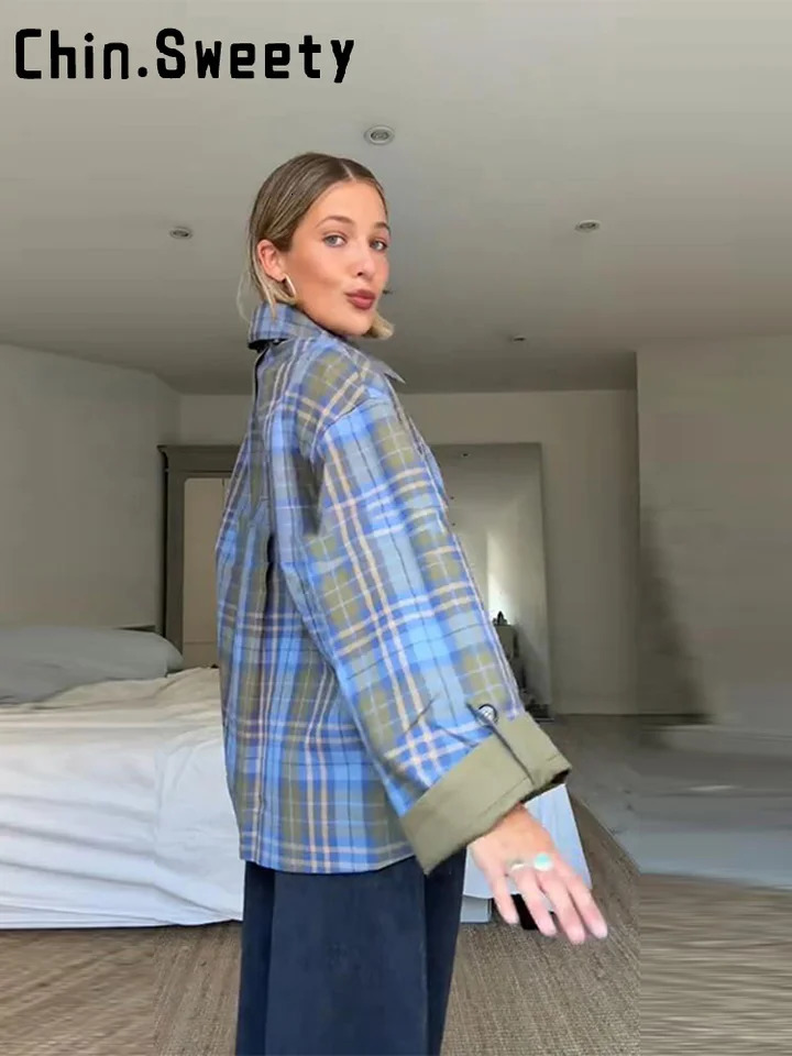 Vintage Plaid Reversible TwoWay Coat Women Oversize Single Breasted Pocket Loose Jacket 2025 Aautumn Lady Chic Outwears 250929