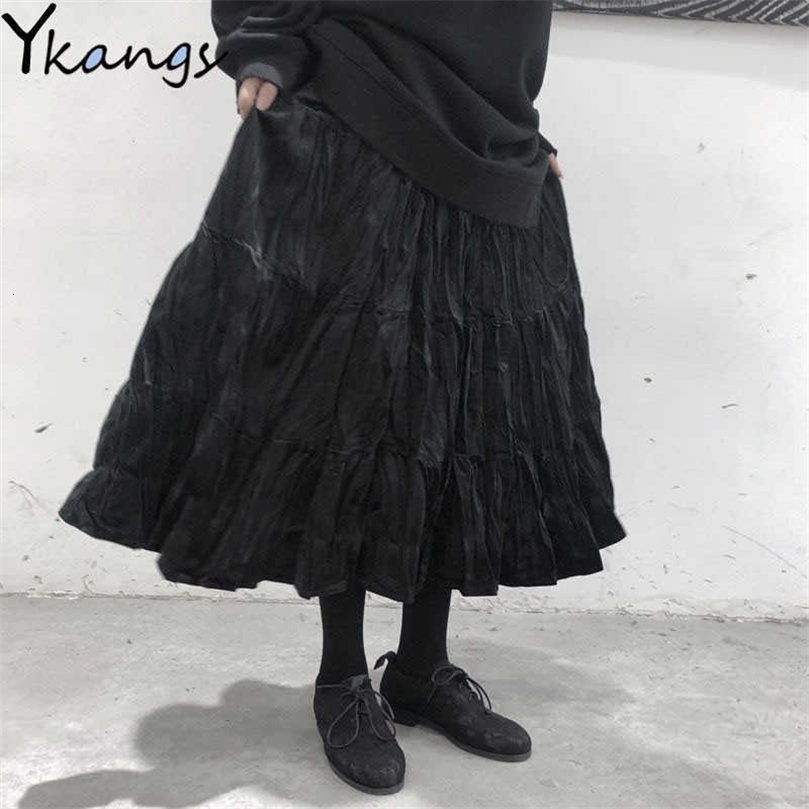 Women Vintage Velvet Long Pleated Skirt Korean Style Ladies Elastic Midi High Waist Black Skirt Spring Harajuku Gothic Clothes 210619wtt