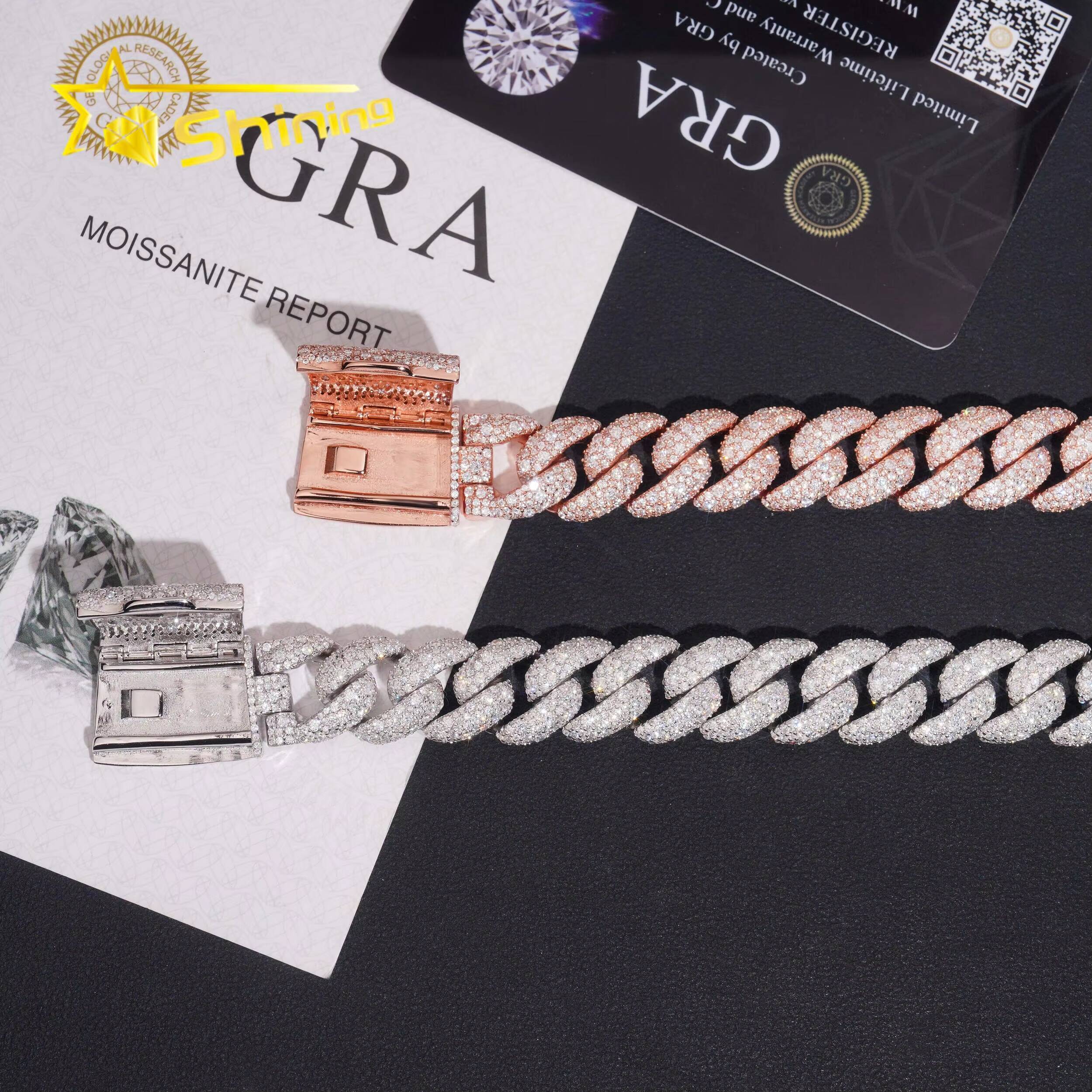 New Arrivals Iced Out Hip Hop 925 Sterling Silver 14mm Mosaic Set Moissanite Diamond Rose Gold Cuban Link Chain