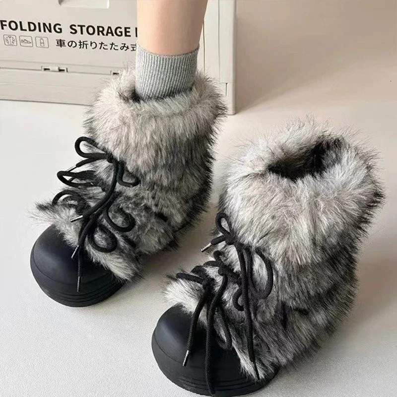 Bow Platform Women Snow Ankle Boots Fur Fashion Short Plush Flats Cotton Shoes 2025 Trend Warm Cozy Winter Botas Mujer 250930