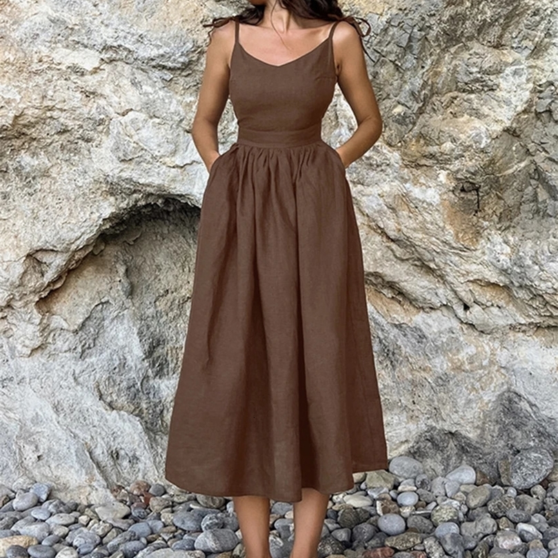 Bclout Fashion Brown Linen Long Dress Women Elegant LaceUp Pockets ALine Dresses Summer Sexy Backless Party Pleated 240701wtt