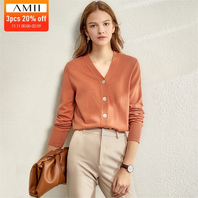 AMII Minimalism Women Autumn Winter Solid Knitted Sweater Tops Fashion Causal Vneck Full Sleeve Loose Female Cardigan 12030003 201111wtt