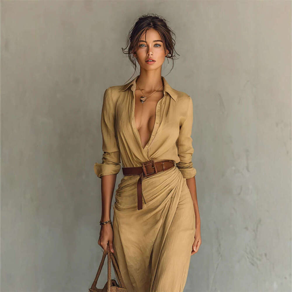 2025 European and American Women's Fashion Autumn Elegant Temperament Sexy Solid Color Irregular Pleated Slit Dress