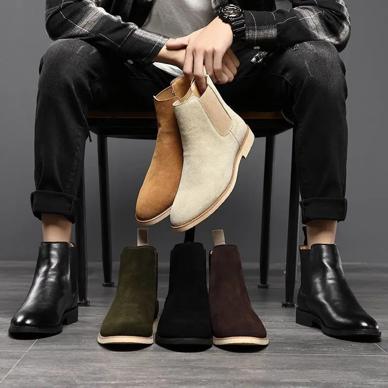 Man Retro Suede Genuine Leather Chelsea Boots Men Fashion Short Ankle Boot Casual British Style HighTop Shoes 251010