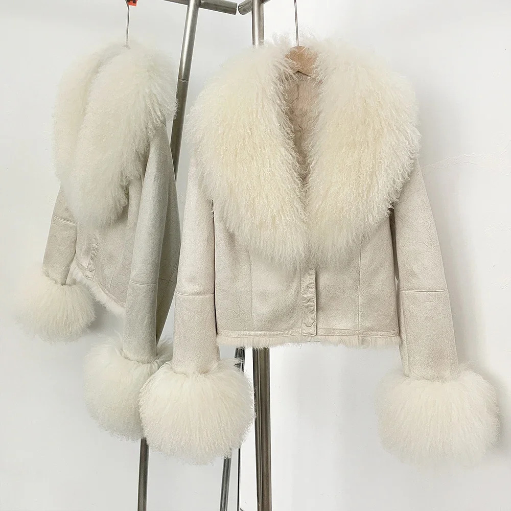 Real Mongolian Sheep Fur Coat 2025 Autumn Winter Suede Women with Long Sleeve Arrival Rabbit Lining Jacket 250930
