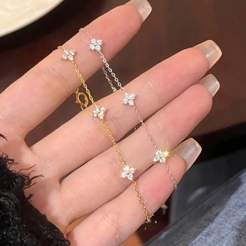 925 Silver Plated Cz Fourleaf Flower Bracelet for Women Girl Cute Dainty Adjustable Link Chain Bracelet Trend 18k Gold Jewelry 250928