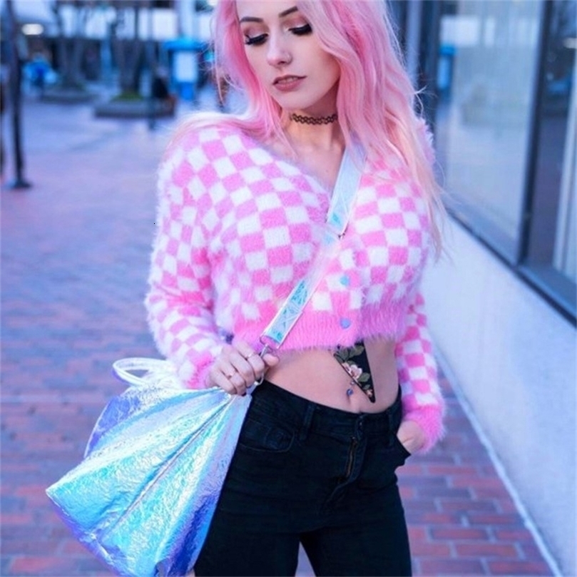 Spring Newly Pink Grid Short Women Mink cashmere V-neck Cardigans Fashion Slim Ladies Knitted Soft Sweater Long Sleeve 201111wtt