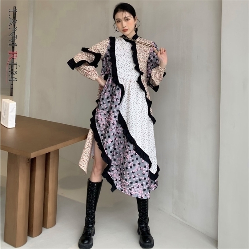 LANMREM New Spring Autumn Dress Women Long Sleeve Plus Size Patchwork Printed Flower Dresses Ladies Party Clothes 2A3301 210325
