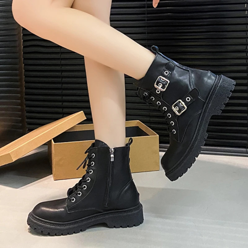 Round Toe Fashionable Side Zipper Motorcycle Shoes Solid Color Elegant Warm Casual Laceup Nonslip Womens Boots 250930