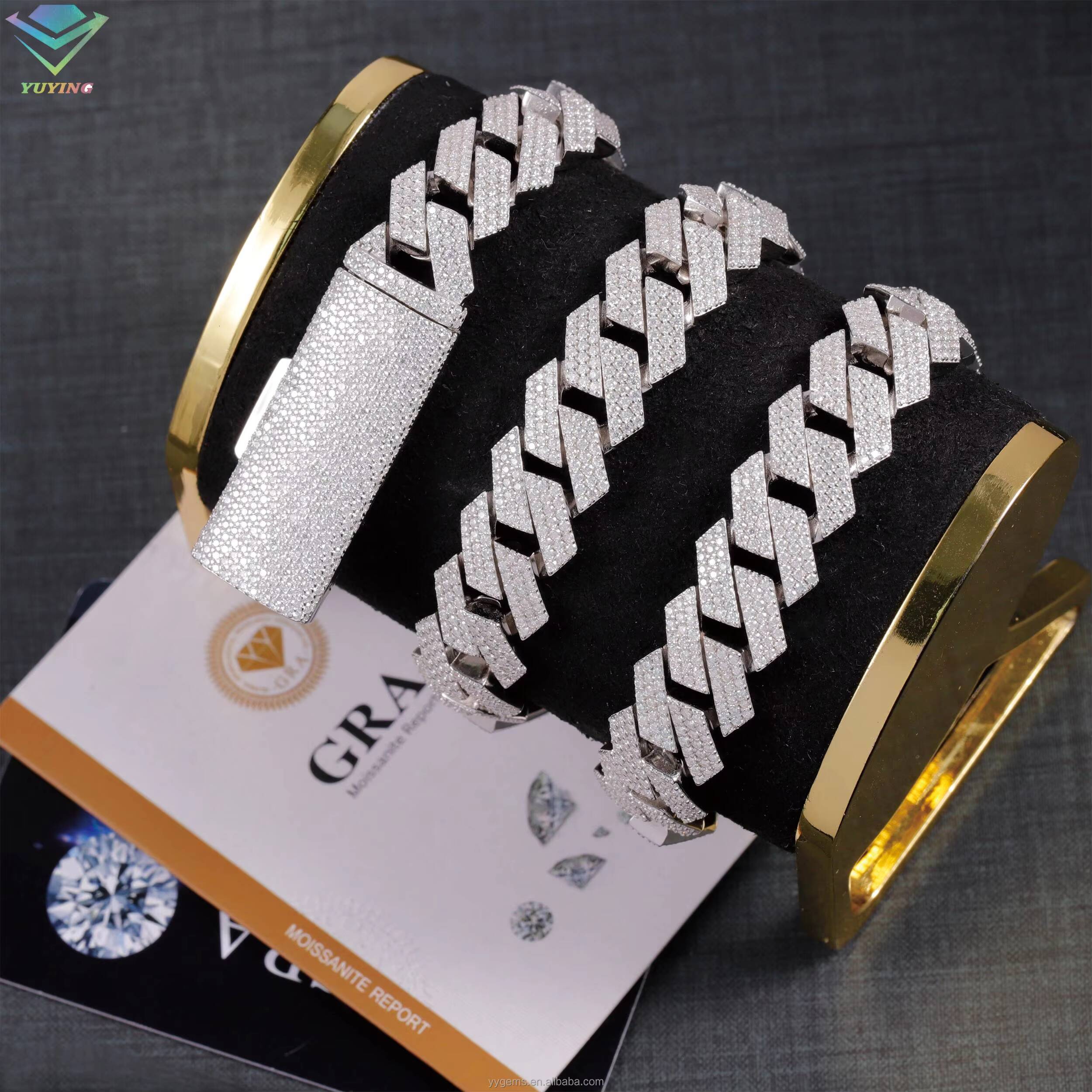 Fine Jewelry VVS Mossanite Cuban Chain 3rows 15mm 925 Solid Silver Iced Out Diamond Moissanite Cuban Link Chain Hip Hop Necklace