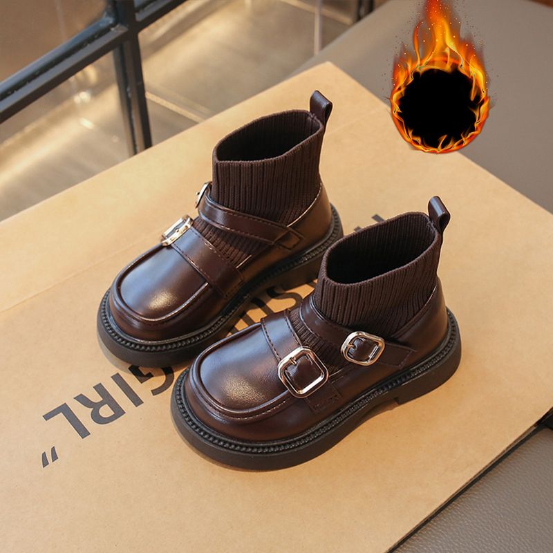 Autumn Winter Kids Fashion Boots Youth Buckle PU Knitted Girls Ankle Shoes Umshop Slip On Soft Bottom Toddler Socks Boots Sizes 23 - 36 U0292