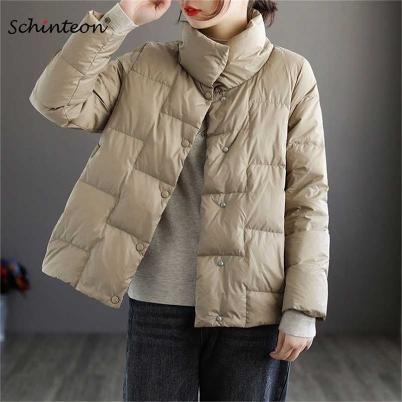Schinteon Women Light Down Jacket Simple Casual Solid Color Stand Collar Short Outwear Autumn Coat Female Fashion 211221wtt