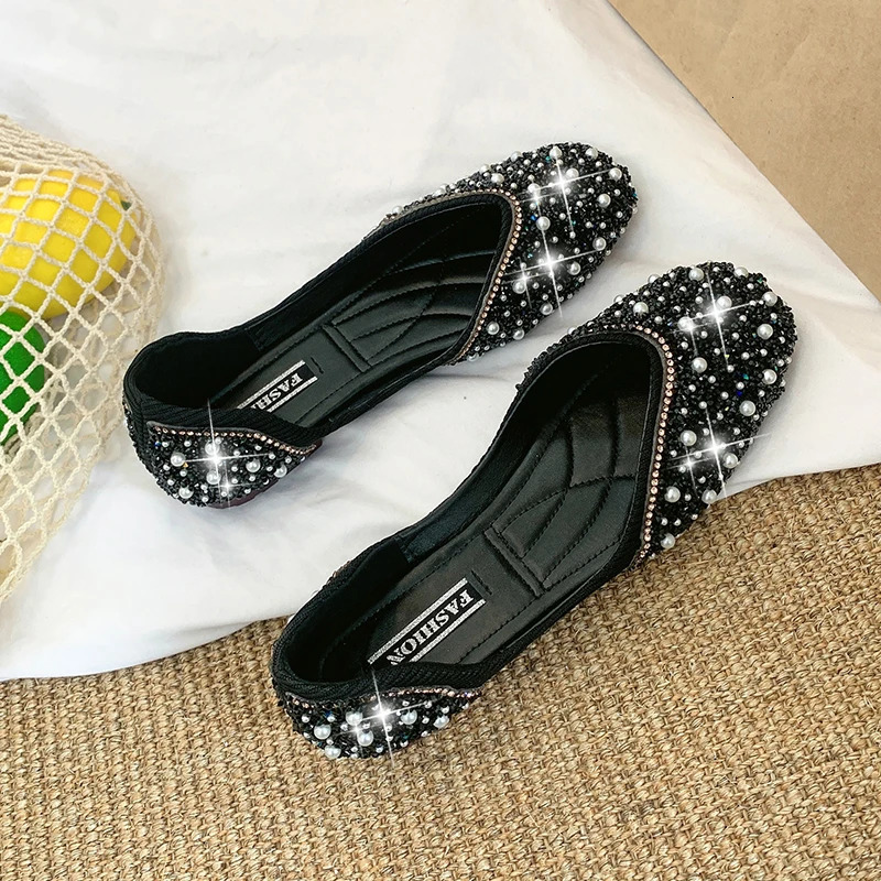 Glitter crystal pearl studs ballet shoes women square toe slip on loafers cozy shallow cutout ballerina flats moccasins female 250930