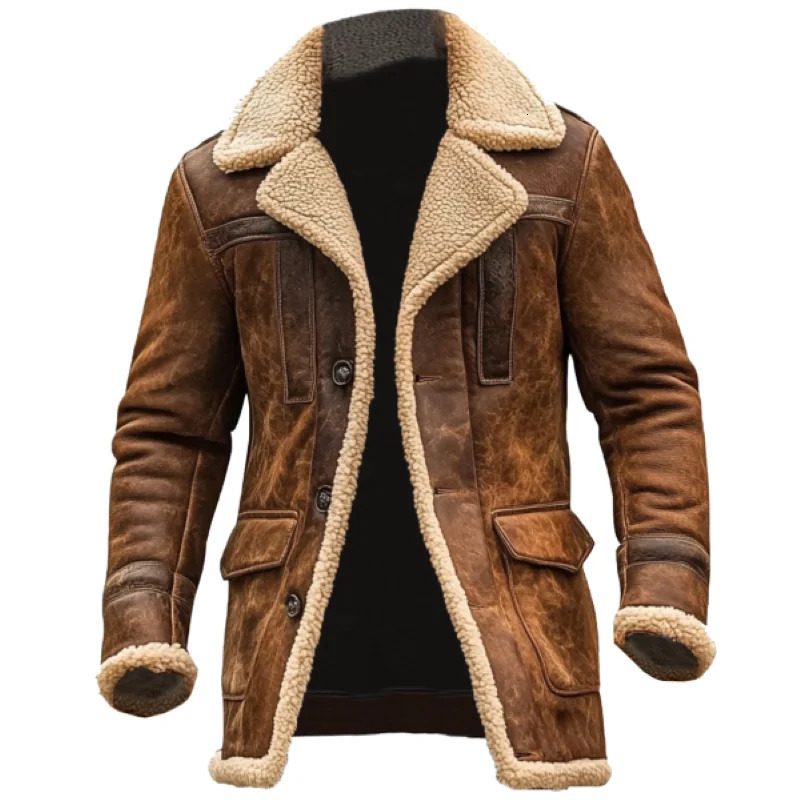 Mens Vintage Suede Leather Patchwork Outdoor Jacket Lamb Shearling Fleece Lined Reverse Collar Coat with Multiple Pockets 250924