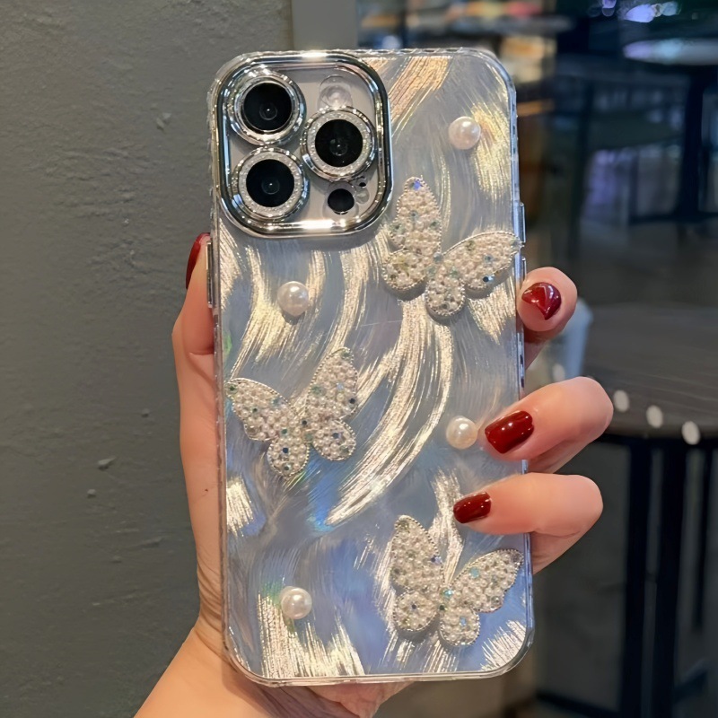 for iPhone 17 Pro Max Case Cute Bling for Women Girls, Luxury 3D Butterfly Design Shiny Glitter Rhinestone Pearl Camera Shockproof Protective Phone Ca