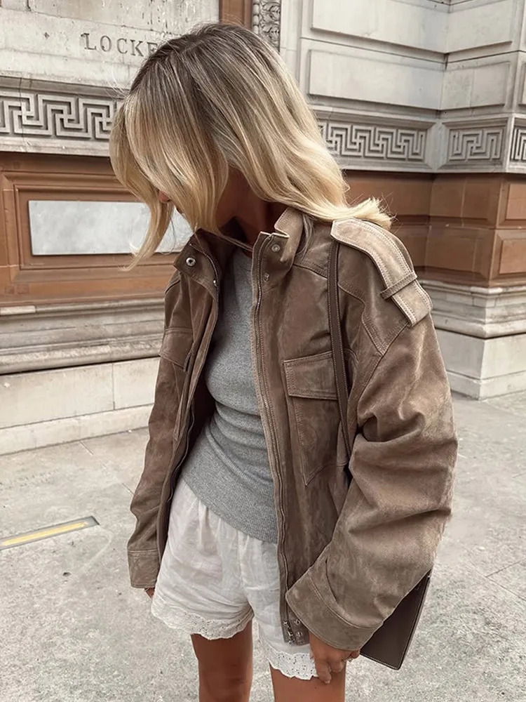 Womens Vintage Suede Bomber Jacket Loose Stand Collar Zipper Pockets Long Sleeve Female Coat 2025 Autumn Lady Casual Streetwear 250929