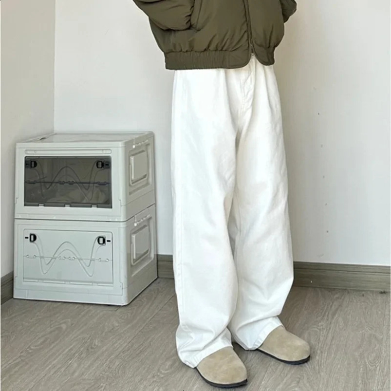 Retro American white workwear casual pants mens loose fit straight leg wide drag Trouser High Street Material 240913