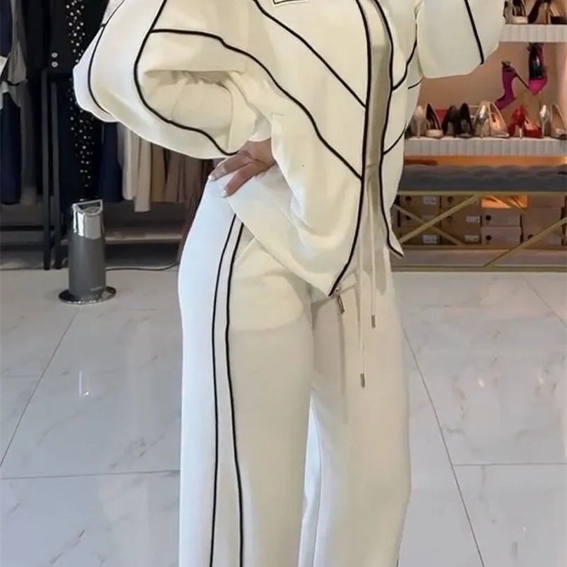 Women Fashion Elastic Waist Laceup Solid Sport Outfits Casual Long Sleeve Loose 2Pc Set Elegant Zip Sweatshirt Pant Suit 250120wtt
