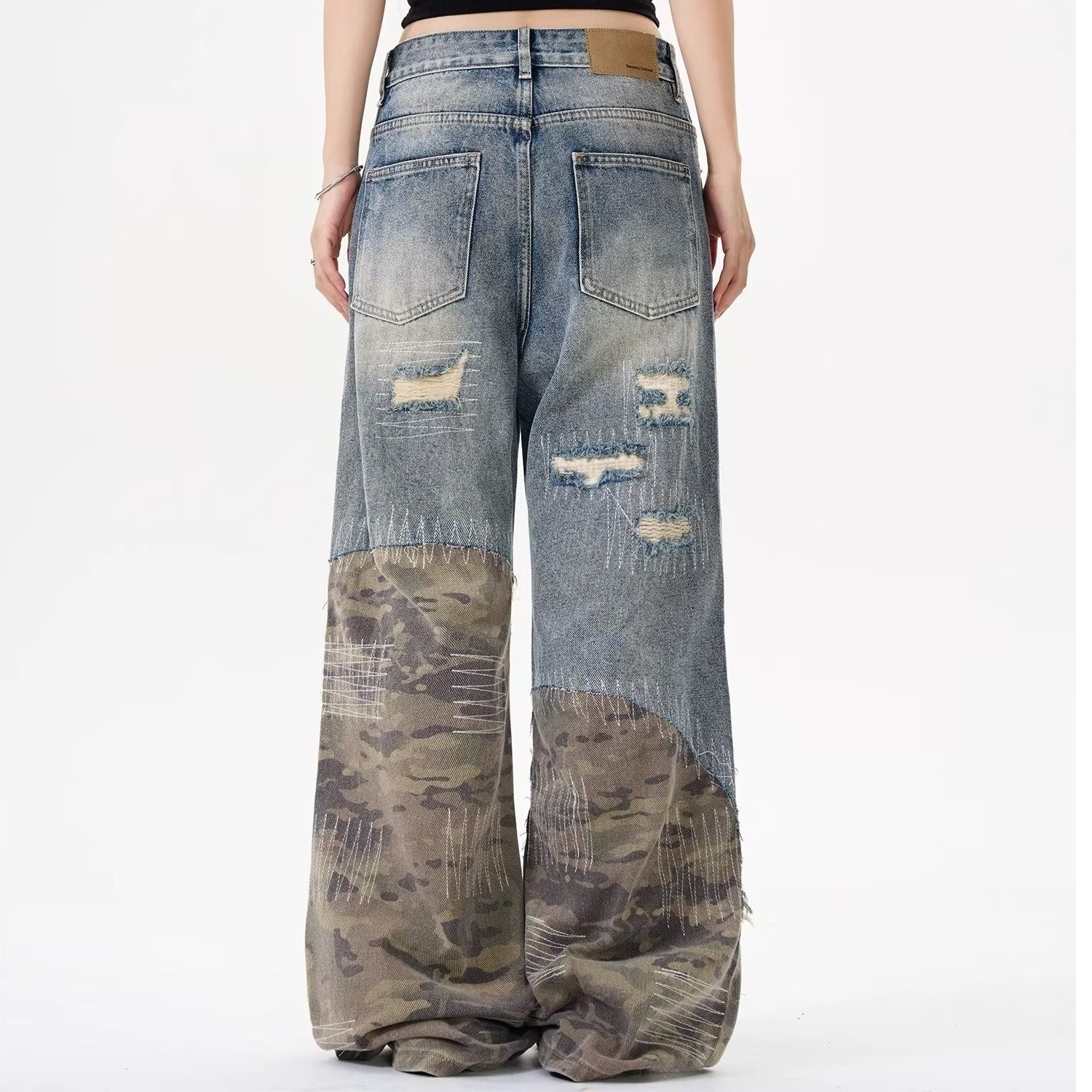 Gothic Men Women Vintage Leopard Jeans Y2K Clothes Hip Hop Letter Patchwork Embroidery Baggy Shorts Mid-rise Wide Leg Trousers 250731