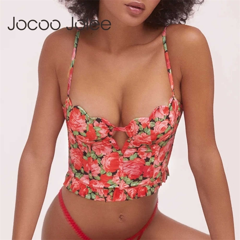 Jocoo Jolee Women Europe America Summer Sexy Floral Printing Camis Tank Tops Vintage Hollow Ruched Party Club Tube Top 210619wtt