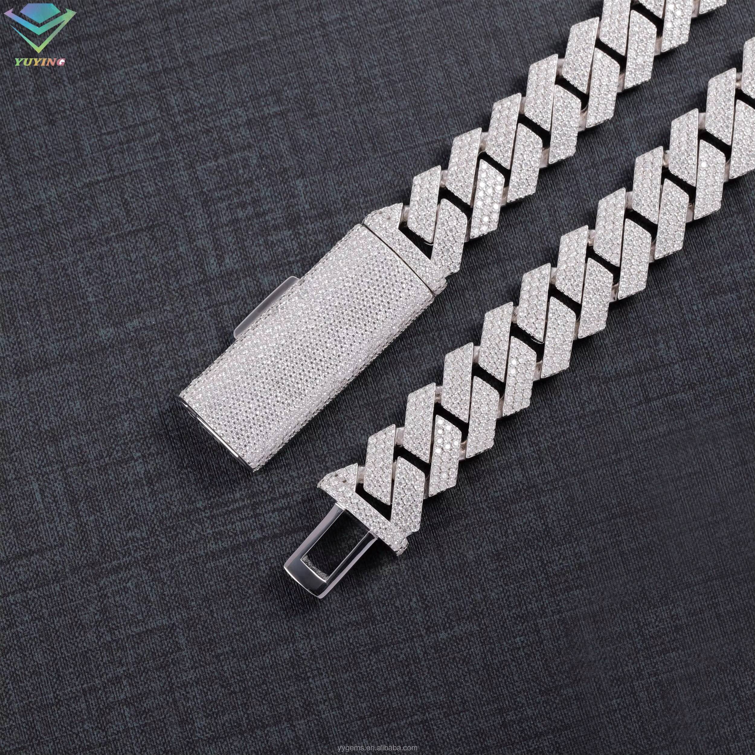 Fine Jewelry VVS Mossanite Cuban Chain 3rows 15mm 925 Solid Silver Iced Out Diamond Moissanite Cuban Link Chain Hip Hop Necklace