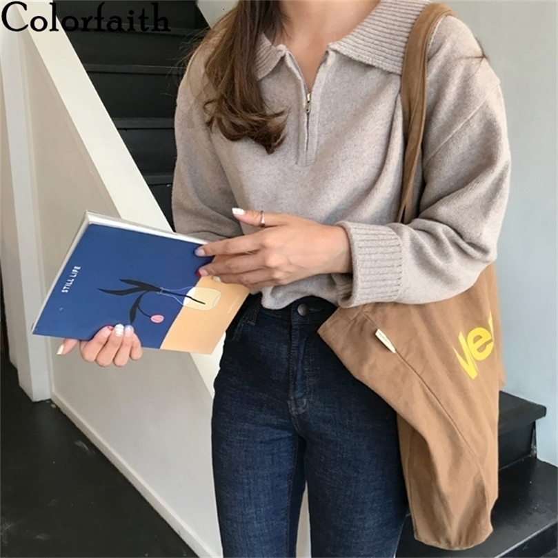Colorfaith New Autumn Winter Women Sweaters Turn-Down Collar Pullovers Zipper Knitted Korean Elegant Wild Lady Tops SW9142 201111wtt