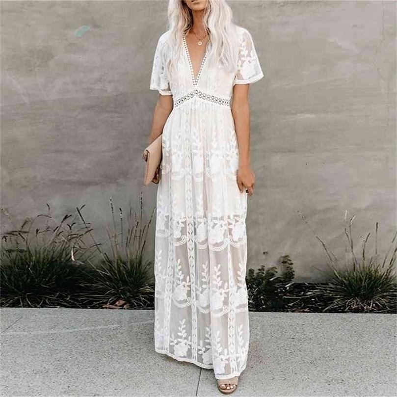 Jastie Summer Boho Women Maxi Dress Loose Embroidery White Lace long Tunic Beach Dress Vacation Holiday Women Clothing 210325