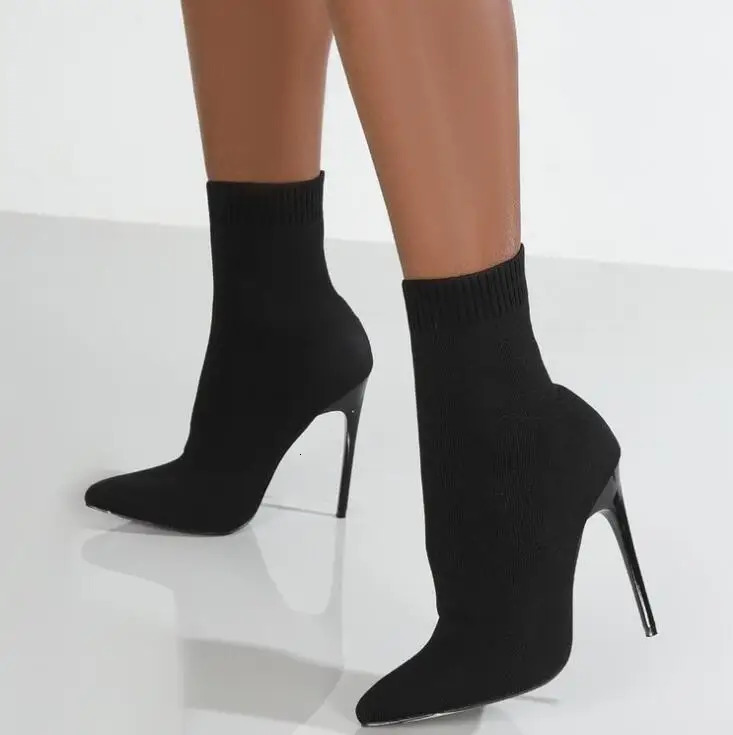 Women Socks Shoes Stretch Fabric Women Ankle Boots Pointed Toe High Heels SlipOn Sexy Sock Heeled Chelsea Boots Size 250930