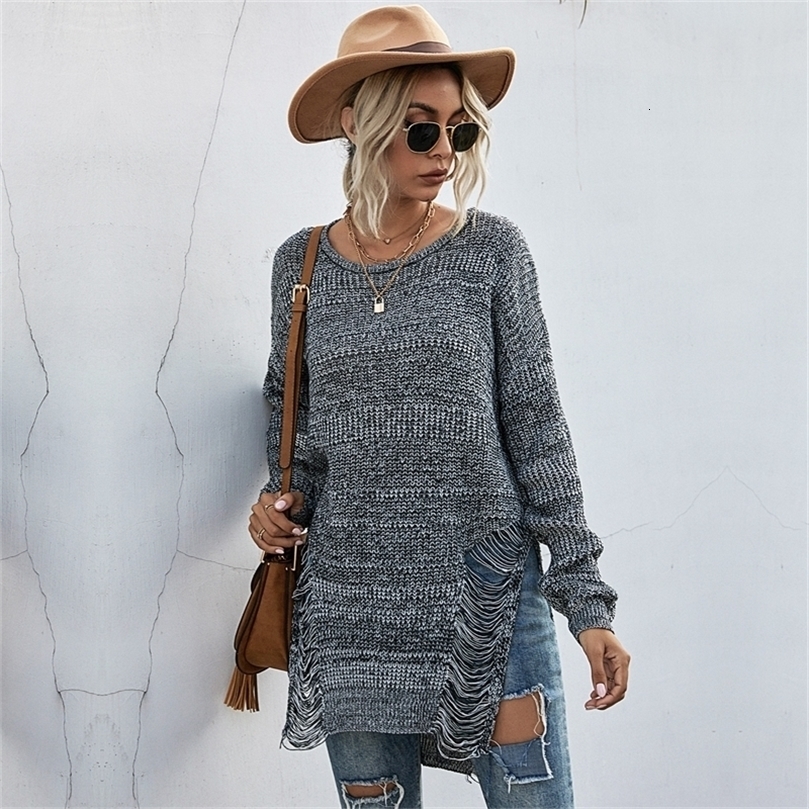 New Women's Ripped Autumn Sweaters Disdressed Tops Long Knit Ribbed Clothes Lady's Wooly Winter Jumpers Side Slit Pullovers 201030wtt