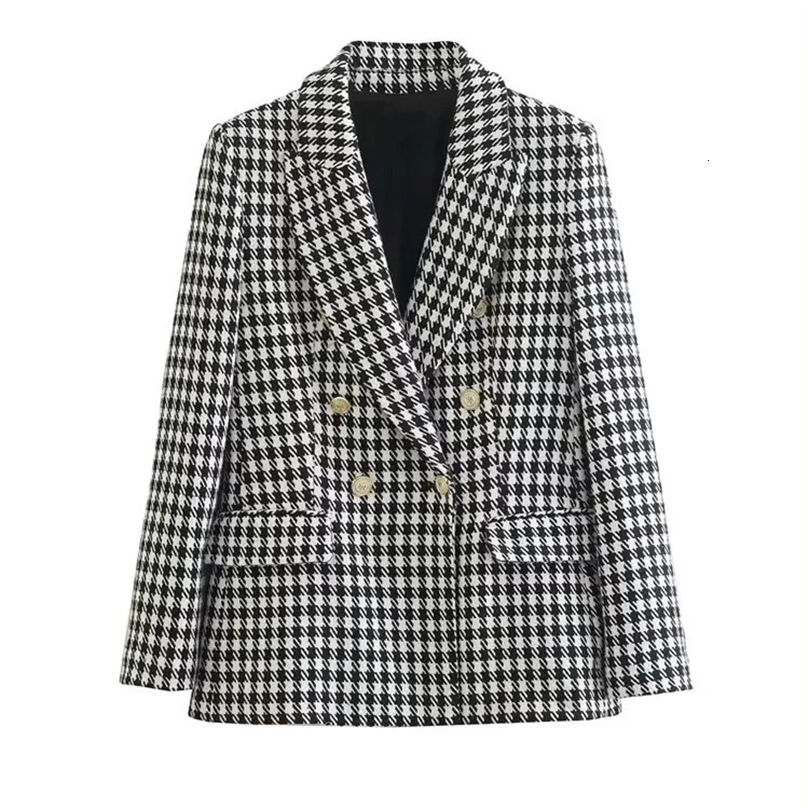 TRAF Women Fashion Double Breasted Houndstooth Blazer Coat Vintage Long Sleeve Flap Pockets Female Outerwear Chic Vestes 250208wtt