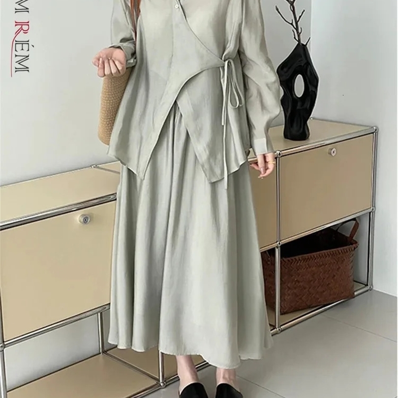 LANMREM Sunscreen Twopiece Set For Women Lapel Solid Color Side Strap Blouses With Elestic Waist Skirt Summer 2Z1653 240701wtt