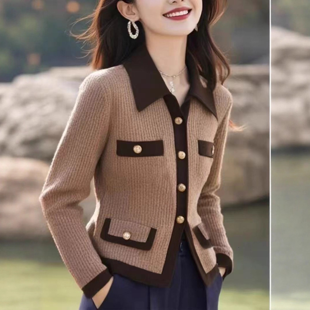 2025 autumn and fashion winter new French chic small designer jacket women's sweater cardigan wool unique design color block coarse short coat kn